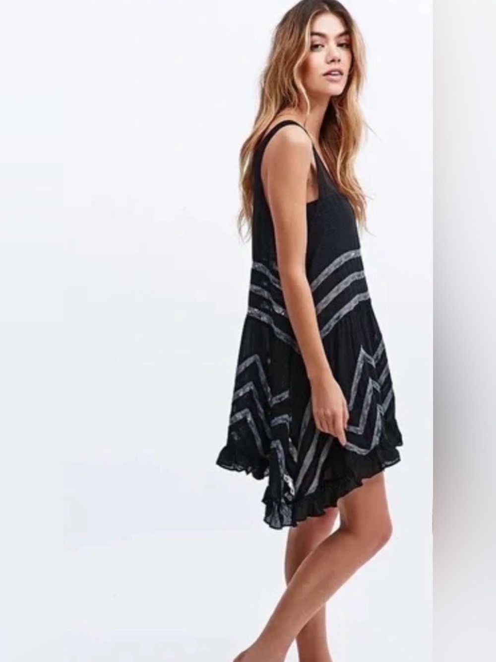 Intimately Free People Black Voile and Lace Trapeze Boho Slip Dress Size XS